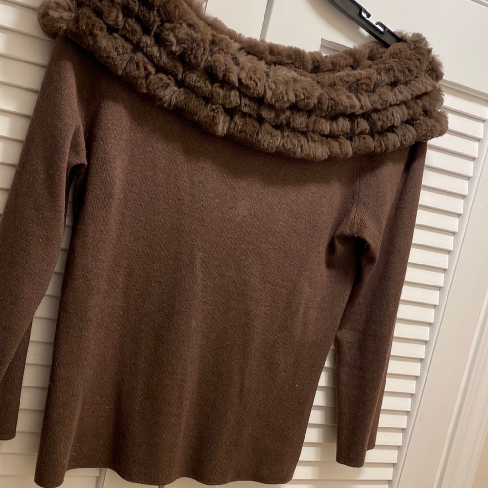 L.A.C.E. Brown Off shoulder top angora, dark brown rabbit fur on top.EUC Size XL